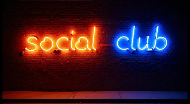 Bright neon lights spell out 'Social Club' against a dark brick wall.