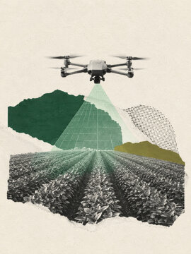 Abstract smart farming collage with an agricultural drone flying and scanning a crop field with laser grid lines