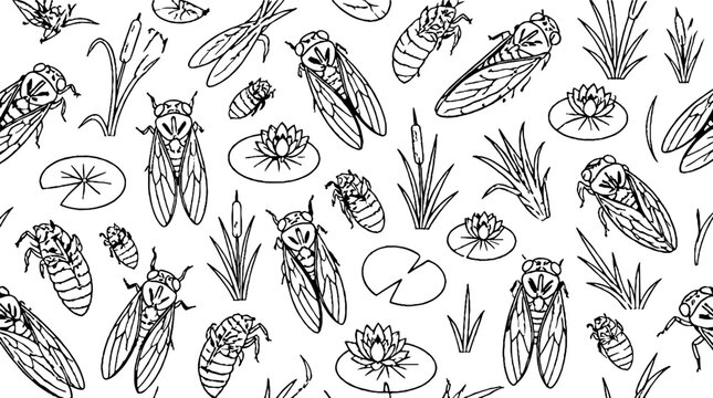 Detailed black and white cicada and plant illustration.