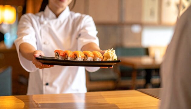 寿司職人・カウンター越し・提供・接客・高級寿司店/Sushi chef presenting nigiri across counter to guest, high-end restaurant dining experience