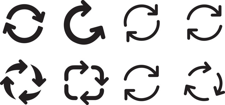 Collection of eight black reload and refresh circular arrow icons symbolizing update, cycle, and restart functions