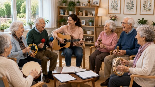 Happy senior music therapy group singing and playing instruments together in retirement community activity room