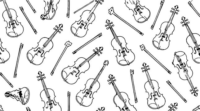 Repeating pattern of violins and bows in black and white.