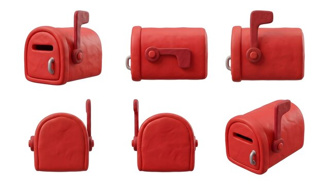 A red mailbox shown from multiple angles. The mailbox has a classic design with a flag on the side and a slot for mail