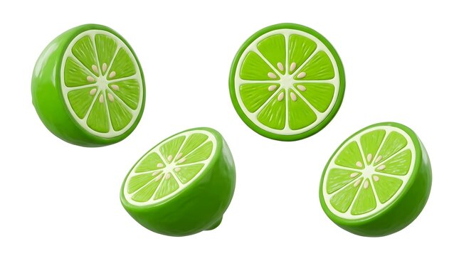 Four lime halves arranged artfully, showcasing their vibrant green flesh and juicy texture