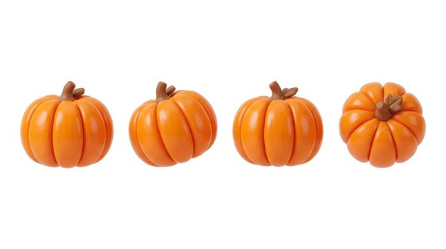 Four vibrant orange pumpkins arranged in a row, showcasing their ribbed texture and stem details. Perfect for autumn and Halloween themes