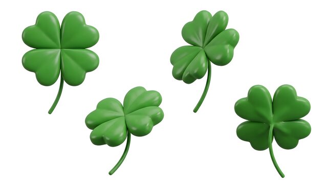 Four green clover leaves, some with four petals, some with three, against a white background. Represents luck and good fortune