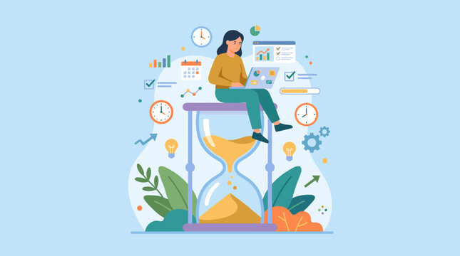 Woman sitting on giant hourglass working on laptop surrounded by clocks, calendar, charts, and productivity icons on blue background