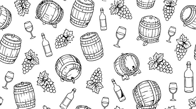 Vintage Wine Barrel and Grape Illustration Pattern.