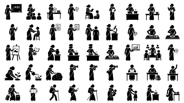 Indian Women Pictogram Set of Daily Life, Professions, and Hobbies
