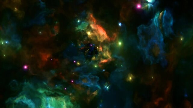Deep space travel flying through colorful cosmic nebula clouds and shining stars. Majestic universe astronomy motion background.