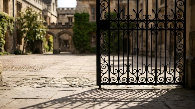 Ornate wrought iron gate open to a historic stone courtyard at university
