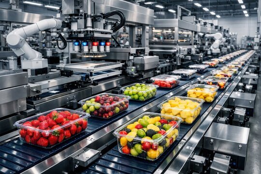 High tech automated packaging line sorting fresh fruit in plastic containers with robotic systems at a modern food manufacturing facility