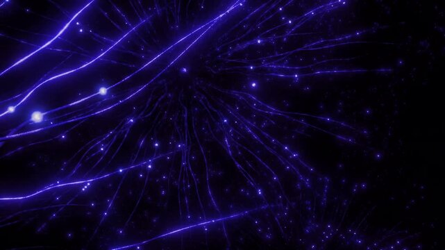 Abstract brain neurons synaptic signals flashing with glowing blue light particles in deep space. Human intelligence biology loop background.