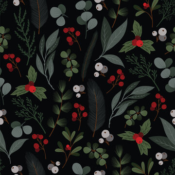 Christmas dark botanical pattern with berries leaves evergreen branches elegant winter background