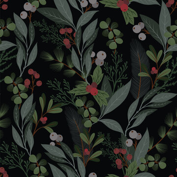 Christmas dark botanical pattern with berries leaves evergreen branches elegant winter background
