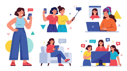 Fototapeta premium Colorful illustration of people using digital devices and social media communication