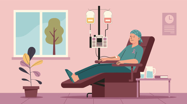 Cancer patient with pink ribbon sitting calmly in recliner chair receiving chemotherapy IV drip in soft pink hospital room