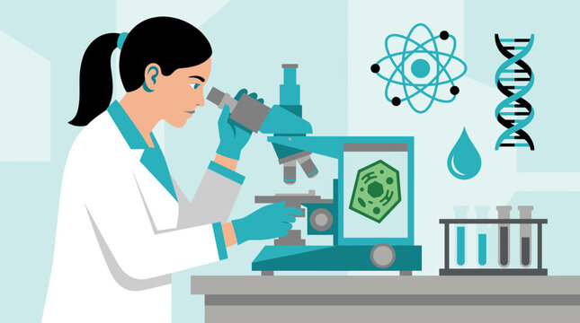 Female scientist in white coat and gloves looking through microscope with cell, atom, DNA helix, and test tubes in laboratory