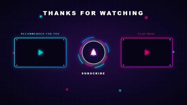 Modern neon end screen template for video streaming channels with subscribe button and placeholders.