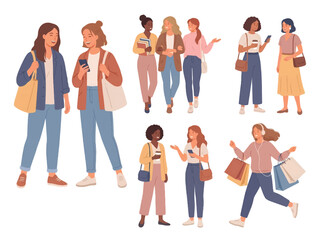 Obraz premium Stylized illustration of people socializing walking and interacting in everyday casual lifestyle scene