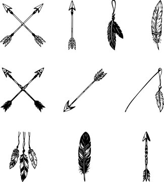 Hand drawn tribal arrow and feather elements isolated on a light neutral background