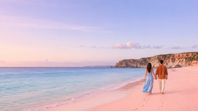 Romantic Couple Walking Along Pastel Pink Beach at Sunset with Coastal Cliffs and Calm Ocean