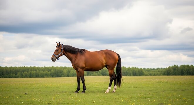 Brown horse standing in a green pasture under cloudy sky.