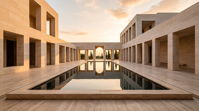 Modern architectural design with a serene pool and reflection at sunset