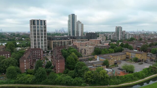 Wide angle drone shot Haringey in North London. New build apartments and residential buildings
