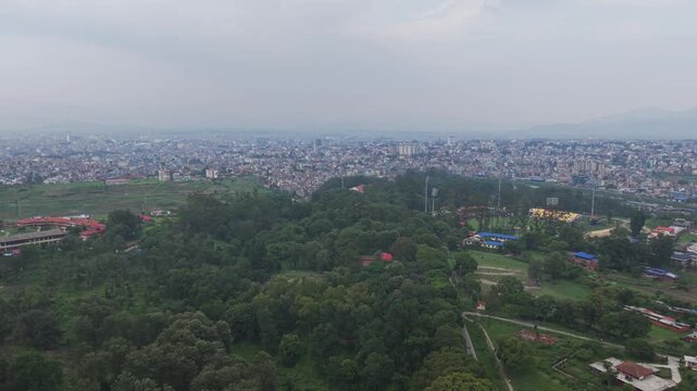 Drone panorama of Kirtipur featuring heritage buildings, temples, and traditional Newari urban planning.