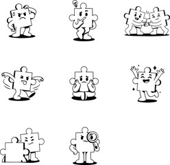 Obraz premium Animated puzzle pieces expressing emotions with a lightbulb idea and magnifying glass