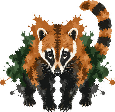 A stylized coati rendered in a pixel art style, surrounded by watercolor splashes and abstract green elements, showcasing natural camouflage colors.