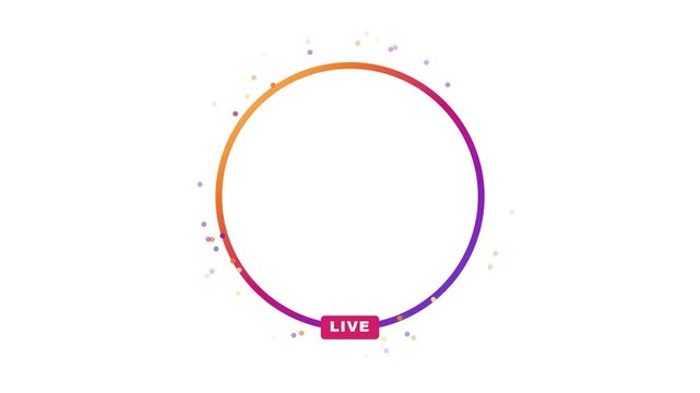 Live stream broadcast frame with colorful gradient circle and animated particles overlay streaming social media