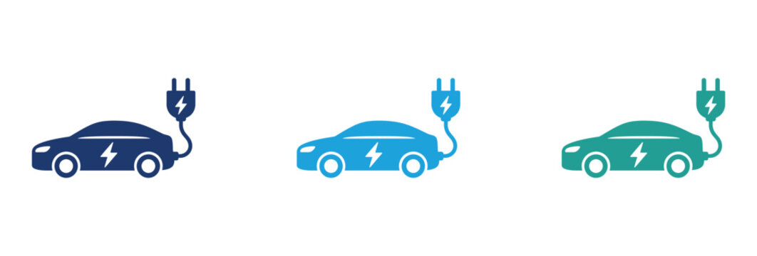 Electric vehicle icons set with charging plug and lightning bolt symbol in blue and green colors.