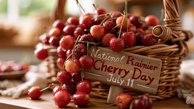 Horizontal celebration banner scene, pile of glistening ripe Rainier cherries cascading from a woven basket, physical wooden sign plank "National Rainier Cherry Day July 11" 