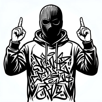 Illustration of a person wearing a balaclava and graffiti hoodie