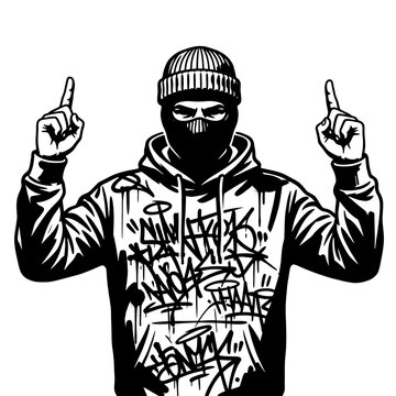 Streetwear illustration of a person in a balaclava and graffiti hoodie