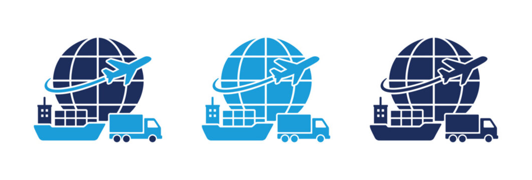 Global Logistics and Supply Chain Management Icons Featuring Plane Ship Truck and Globe.
