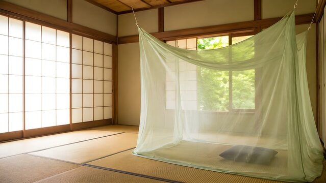 障子の和室に吊るした生成りの蚊帳 涼を呼ぶ昔ながらの日本の夏の暮らし