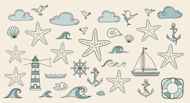 Nautical Doodly Elements: Sea Stars, Ships, Lighthouse, Anchor, Birds, Clouds