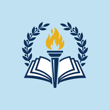 An educational emblem featuring a burning torch and open book