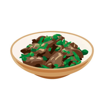 Mongolian Beef, flat 2D illustration, minimal modern design, clean shapes, isolated on a white background.
