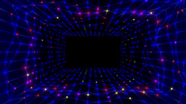Dynamic camera movement traveling through a glowing digital network tunnel with colorful nodes and interconnected lines, creating strong parallax depth and futuristic technology visuals.