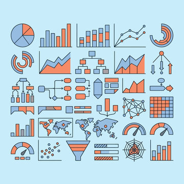 A collection of business infographic icons on a blue background