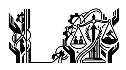 Fototapeta premium Justice Scales and Hands Symbolizing Fairness, Law, and Industry