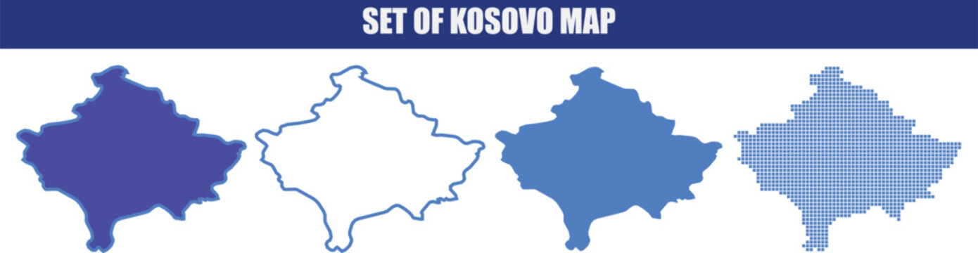 Set of kosovo map silhouettes and outline graphic designs with isolated