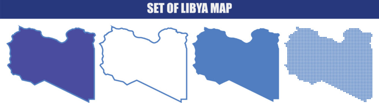 Set of libya map illustrations in various styles and blue shades