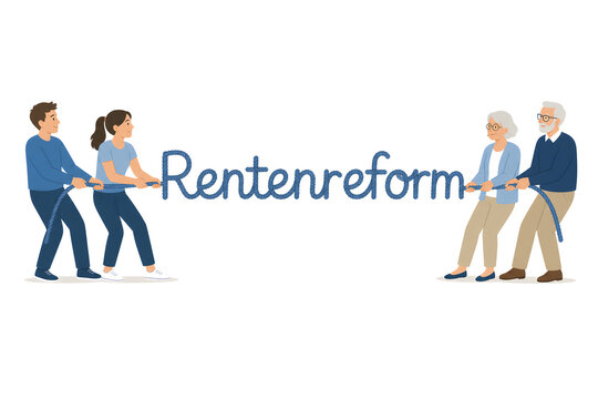 Rentenreform Seil beim freundlichen tauziehen zwischen Generationen vermittelt eine harmonische kompromissbereite friedliche Stimmung generative AI