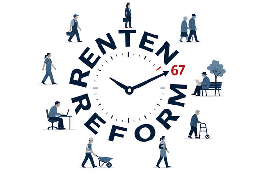 Rentenreform Zifferblatt mit Uhrzeigern und kleinen Silhouetten vermittelt eine zeitkritische strukturierte zukunftsorientierte Stimmung generative AI